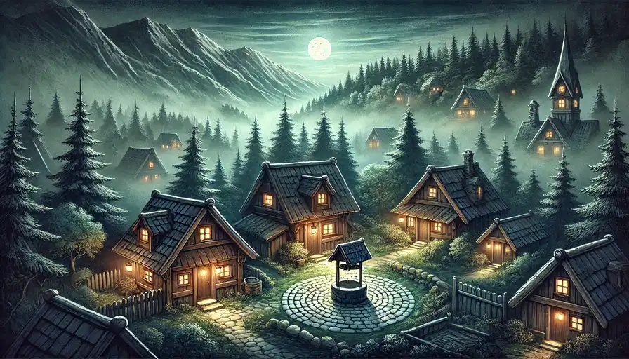 "霧に包まれた山奥の小さな村の夜景。人狼が潜むかもしれない静寂と幻想的な雰囲気の童話風イラスト。"